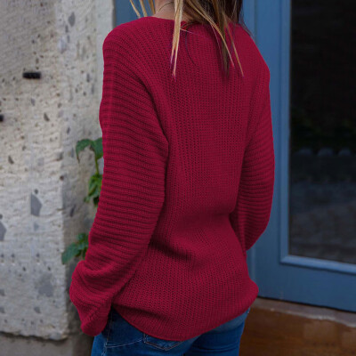 

Women Autumn Solid Color Sweater V-Neck  Knit Pullover