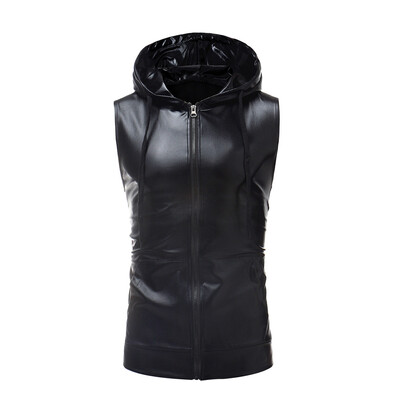 

Men Hooded Tops Casual Zipper T-shirt Wet Look Fashion Vest Sports Shirts Blouse