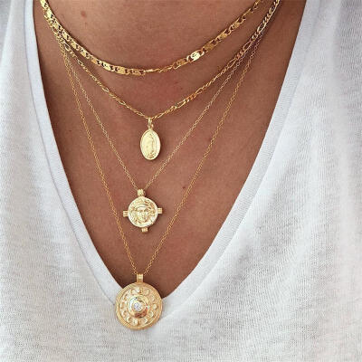 

Vintage Virgin Mary Round Carving Head Coin Moon Crystal Pendant Multilayer Gold Necklace Bohemian Female Necklace Set