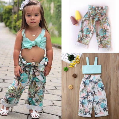 

2018 Infant Baby Girls Outfit Clothes Newborn Bowknot Tops Strap Long Pants