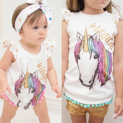 

Unicorn Cotton Baby Kids Matching Clothes Big Sister T-shirt Vest Tops Little Sister Romper Outfits Set