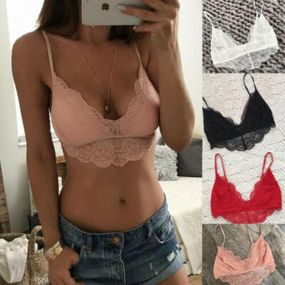 

UK Floral Lace Halter Bralette Lined Bra No Pad Crop Top V-Neck Underwear  -XL