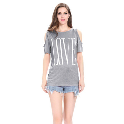 

LOVE Letter Print Off Shoulder Short Sleeves O-neck Casual T-shirt Female Summer Loose Fashion Women Tops WhiteBlackGrayPink