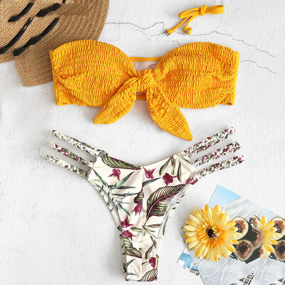 

Roseonmyhand Women Print Tube up Two Pieces Bikini Push-Up Swimsuit Swimwear Beachwear