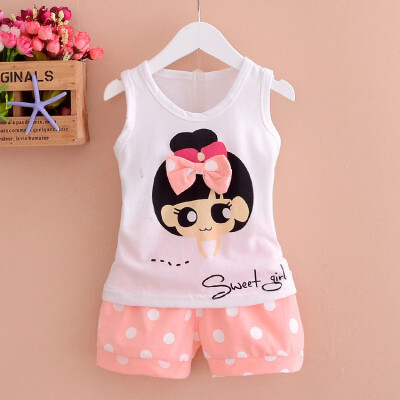 

Summer Baby Girls Sleeveless Cartoon Print Vest TopsShorts Casual Outfits Sets