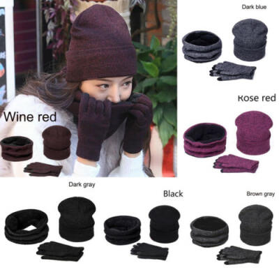 

3pcs Unisex Men Women Winter Warm Knit Ski Bib Scarf Cap Baggy Hat Touch Glove