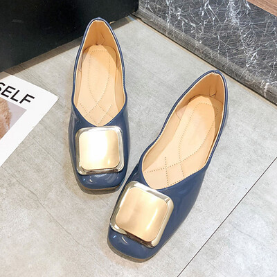 

Single shoe women flat sole shoes flat heel square buckle shallow Korean version of Baitao Youth Bean Shoes