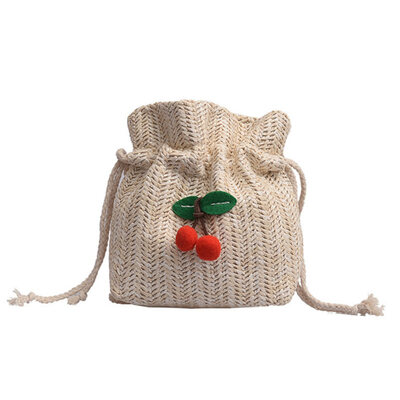 

Fashion Women Cherry Decor Drawstring Rattan Woven Beach Crossbody Bucket Bag