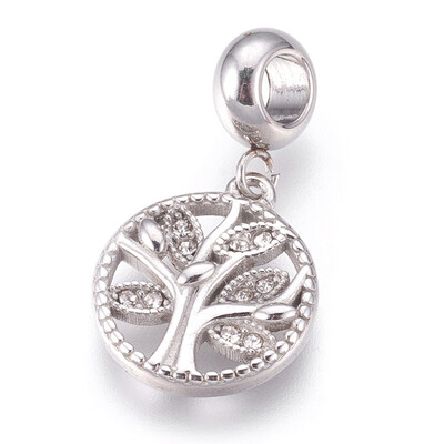 

304 Stainless Steel European Dangle Beads Large Hole Pendants with Rhinestone Flat Round with Tree Stainless Steel Color
