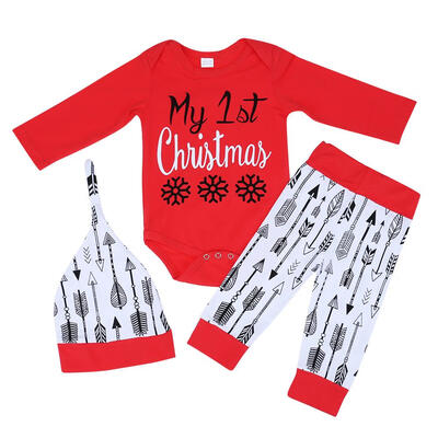 

3pcs Baby Christmas Suits Long Sleeve Rompers Arrow Printed Pants Hat