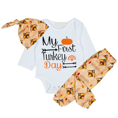 

High Quality Newborn Long Letter RomperCartoon PantsPrint Hat 3pcs Clothing Sets Baby Girls Boys Thanksgiving Clothes Sets