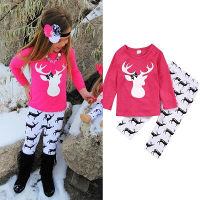 

2PCS Baby Kids Girls Set Deer Tops T-shirtsPants Clothes Outfits Autumn Fit For 1-5Y