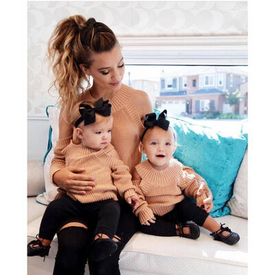 

Mom Baby Long Sleeve Knitted Off Shoulder Pullover Loose Sweater Jumper Knitwear