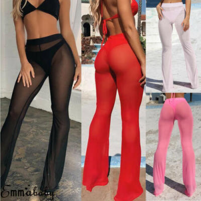 

New Women Beach See-Through Long Pants Mesh Sheer Bikini Cover Up Flare Trousers