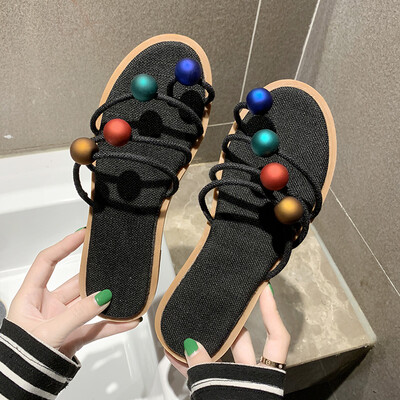 

Bohemian slippers womens summer fashion wear flat-bottomed string beads sandals&slippers on holiday non-slip beach womens sh