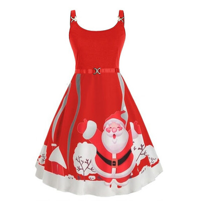 

Tailored Womens Fashion Straps Vintage Santa Claus Snowflake Print Christmas Dress