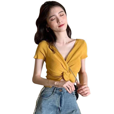 

Women V Neck Solid Slim Knitted Crop Top Pullover Crisscross Shirt