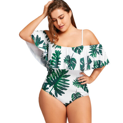 

Plus Size Tropical Leaf Flounce One Piece Swimwear