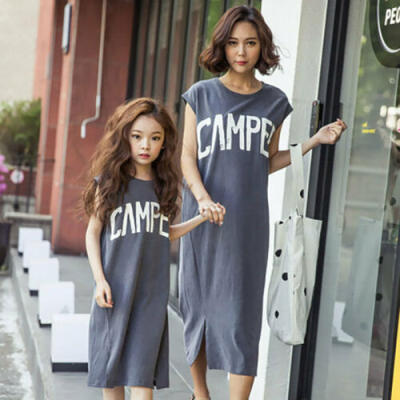 

Mother & Daughter Matching Dress Women Girls Grey T-shirt Dresses Family Clothes