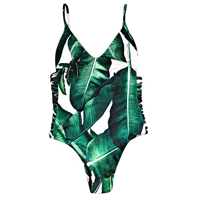 

Sexy Spaghetti Strap Leaf Print Cut Out Backless Swimsuit for Women