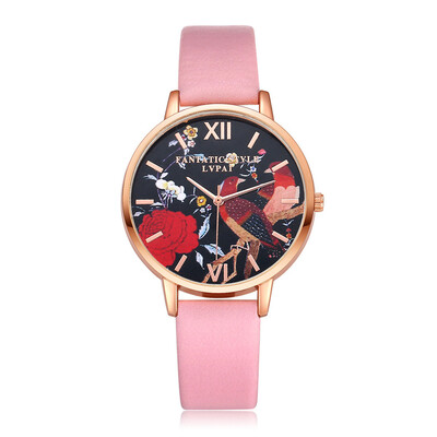 

Luxury Women Watches Red Rose Pattern Dial Ladies Quartz Wristwatch Simple Leather Strap Clock Casual Dress Relogio Feminino