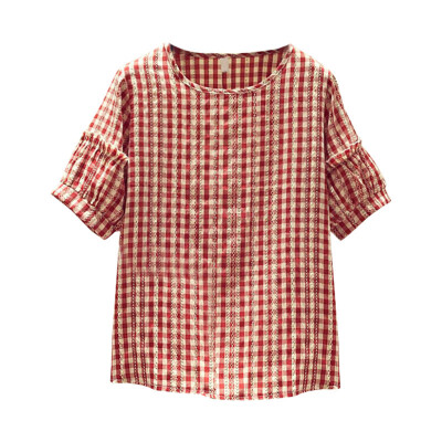 

2019 Top Women Casual Cotton Plaid Print Round Neck Summer Loose Sweet Lantern Sleeve Thin Retro Top camisetas verano mujer