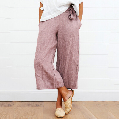 

Tailored Fashion Women Solid Bow Bandage Cotton And Linen Casual Calf-Length Pants