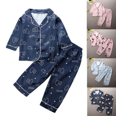 

Kids Baby Long Sleeve Satin Silk Pajamas Set Casual Nightwear Sleepwear Homewear