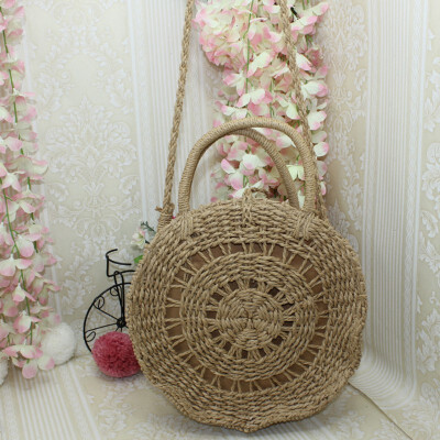 

Women Handmade 2019 Round Shoulder Bags Fashion Straw Woven Handbags Bohemian Style Summer Beach Rattan Handle Bags