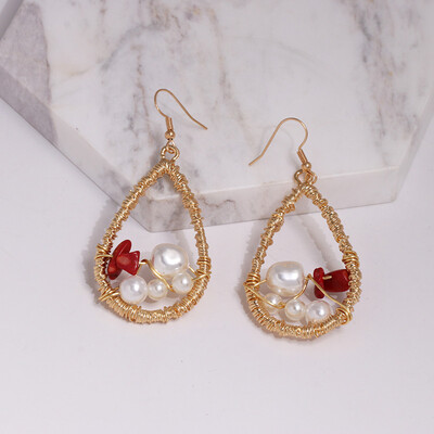 

AOEMAN women trendy simulated pearl statement dangle earrings vintage party jewelry accessories gold color metal drop earrings