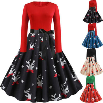 

Women Vintage Christmas Print Swing Dress Lady Long Sleeve Party Skater Dress UK