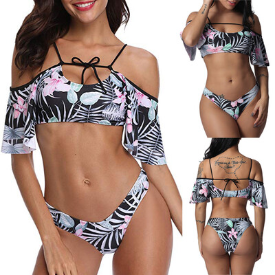

Roseonmyhand Women Two Pieces Sexy Floral Print Crop Ruffled Off-Shoulder Bikini Swimsuit