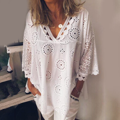 

Women Tie Lace Crochet Shirt Tops Asymmetrical Hem Embroidery Blouse Plus