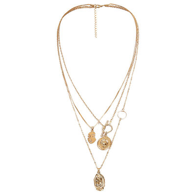 

Vintage Multilayer Human Face Jesus Embossed Pendant Sweater Chain Lady Necklace