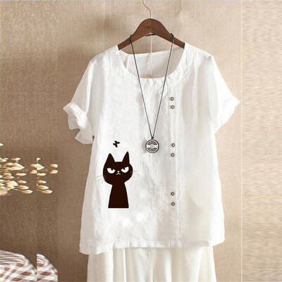 

Starmoon Plus Size Women Short Sleeve Cotton Linen O-Neck Print Blouse Top T-Shirt