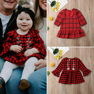 

US Christmas Toddler Kid Baby Girl Plaid Long Sleeve Casual Cotton Dress Clothes