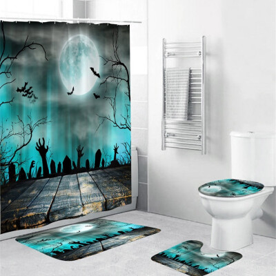 

〖Follure〗Halloween festival 4PCS Non Slip Toilet Polyester Cover Mat Set Bathroom Curtain