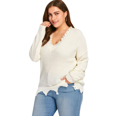 

Plus Size V Neck Raw Hem Sweater