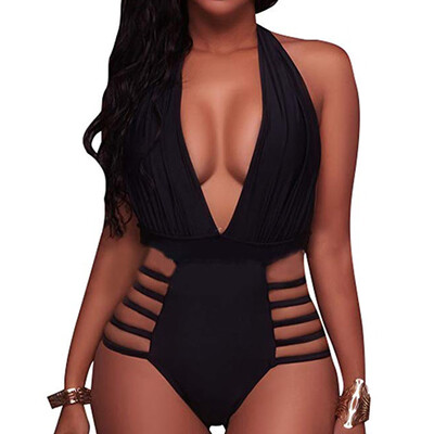 

Saidsome Women Halter Plunge Deep V Neck High Leg Cutout Monokini Bathing Suits