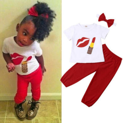 

Toddler Kids Girl Summer Outfits Red Lip T-shirt TopsLong Pants Headband Outfit