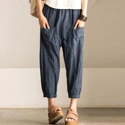 

Womens Baggy Linen Elastic Hem Trousers Casual Striped High Waist Harem Pants