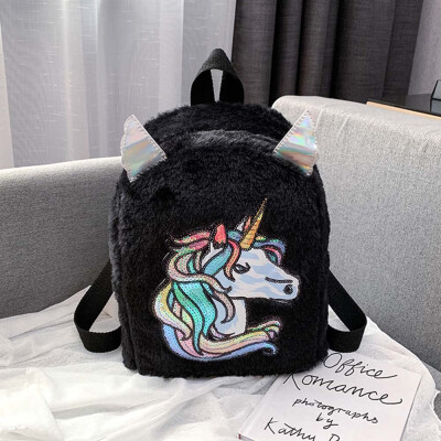 

juice-ma Kids Girls Fluffy Unicorn Backpack Plush School Rucksack Zipper Shoulder Bag