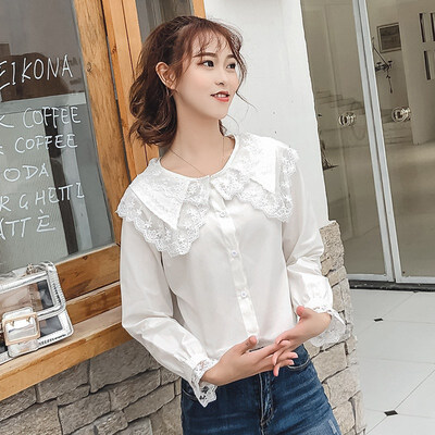 

Women Lace Collar White Blue Shirt Lacy Long Sleeve Shirts Korean Women Streetwear Slim Chiffon Blouse Elegant Ladies Tops 2019