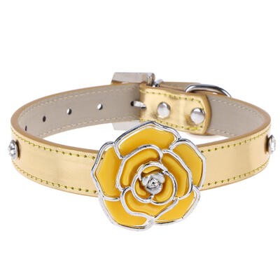 

Dog Collar PU Leather Flower Rhinestones Puppy Cat Pet Neck Belt Strap Gold