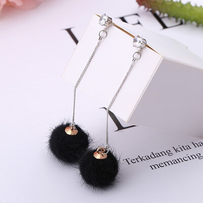 

S925 silver needle temperament ear jewelry mink fur ball long paragraph earrings fashion girl earrings