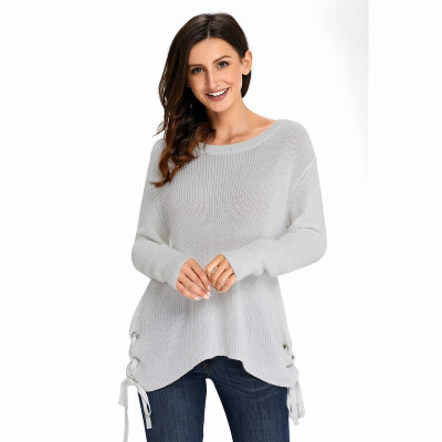 

Round neck long sleeve side cross tie casual knit sweater