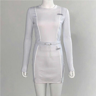 

HOT Women Autumn Long Sleeve Cropped Reflective Stripe Tops T-shirt Mini Skirt