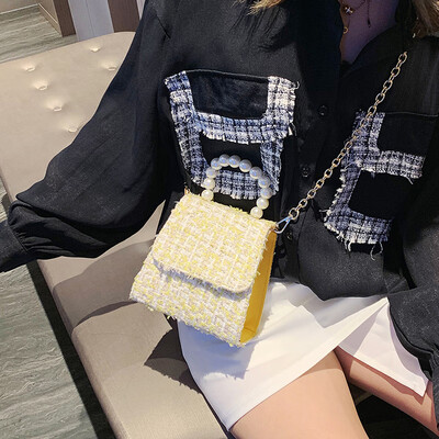 

Foreign style woolen bag female 2019 new Korean fashion wild pearls portable chain shoulder slung small square bag
