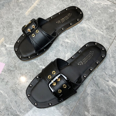 

Slippers women wear spring Korean version of 100 fashion belt buckle a word flat bottom slippers