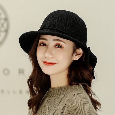 

Autumn&winter new Japanese art fisherman hat ladies wool knitted cotton bow Joker warm basin hat tide
